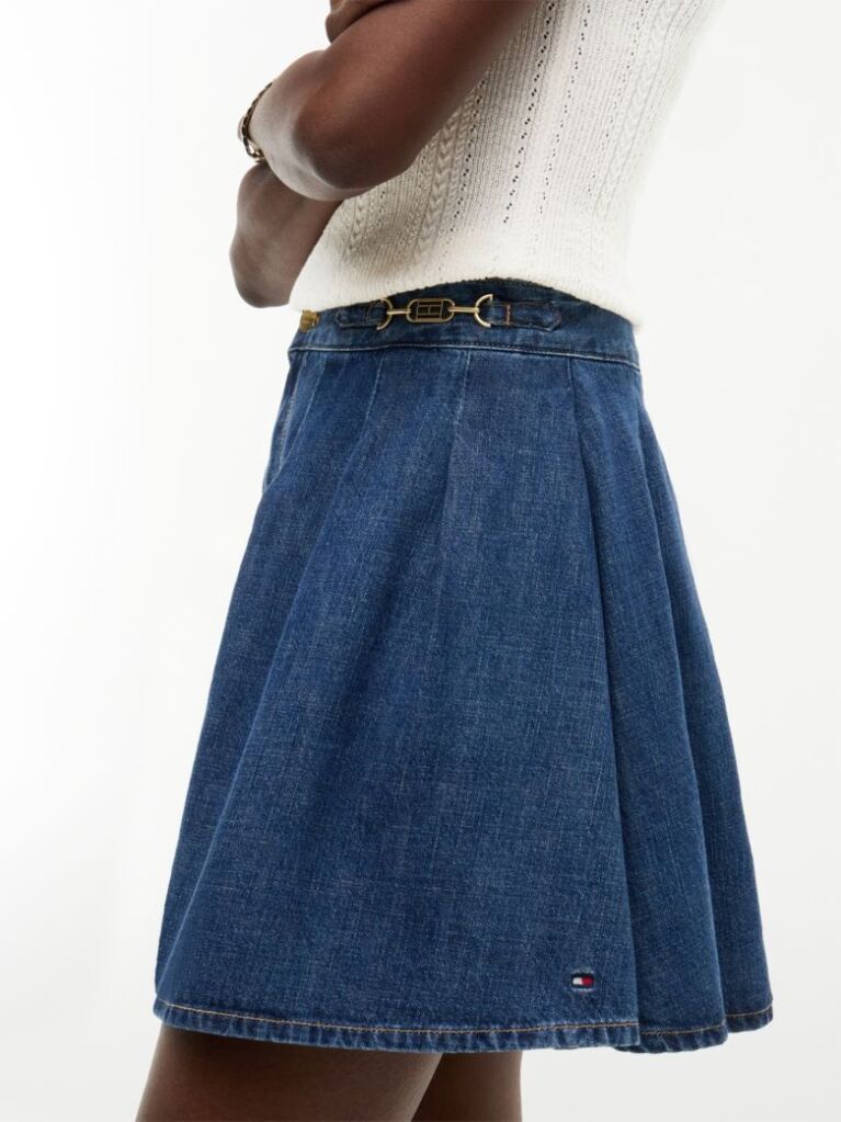 Blue Fusta Din Denim Midi Cu Talie Medie Si Pliuri  Femei