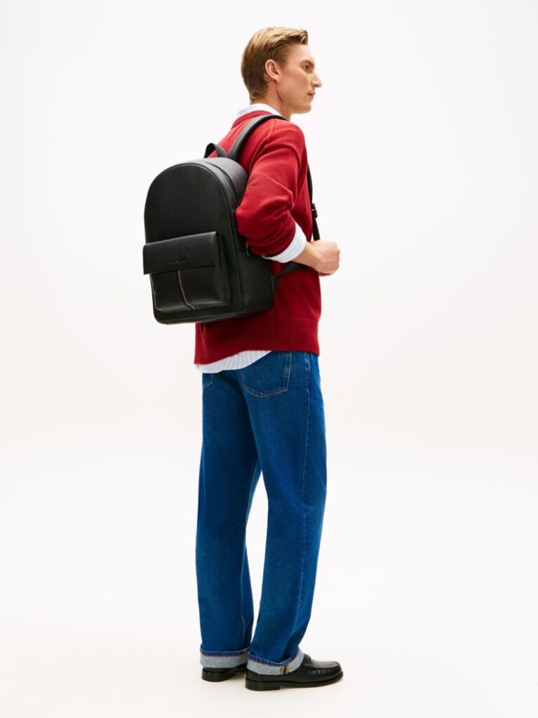 Black Flap Pocket Pebble Grain Dome Backpack  Men