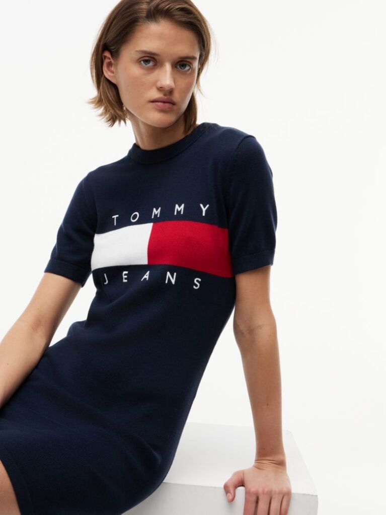 Blue Rochie Gen Pulover Mini Cu Croiala Slim Si Steag Tommy  Femei