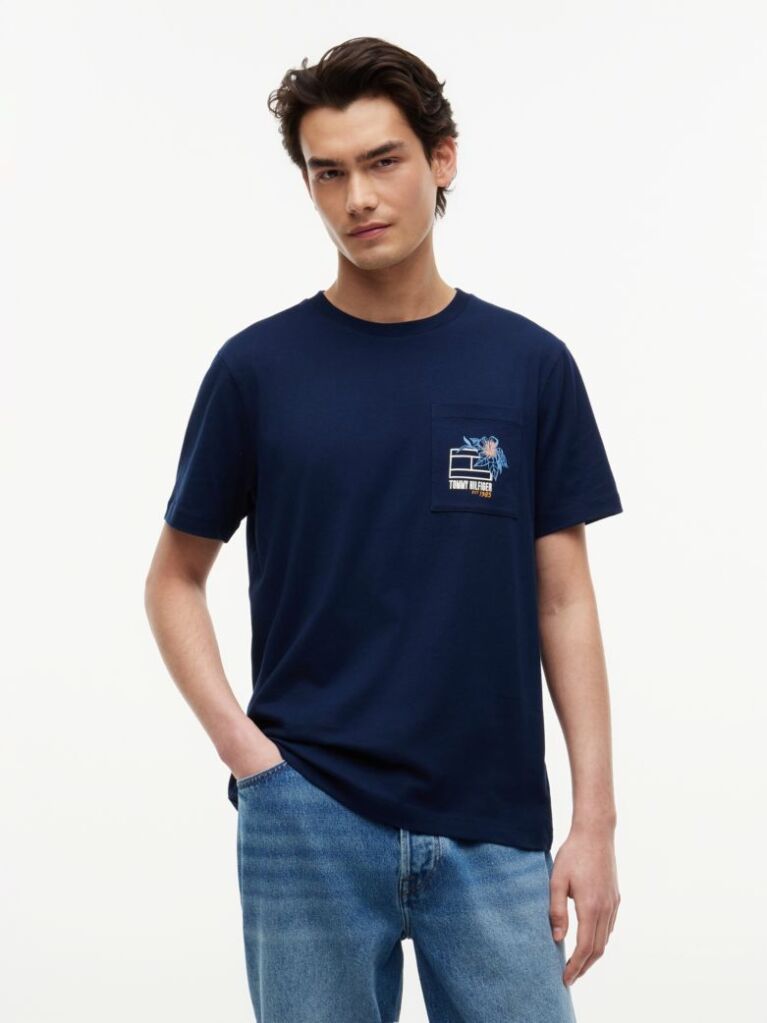 Blue T-Shirt Cu Model Floral Pe Buzunar  Barbati