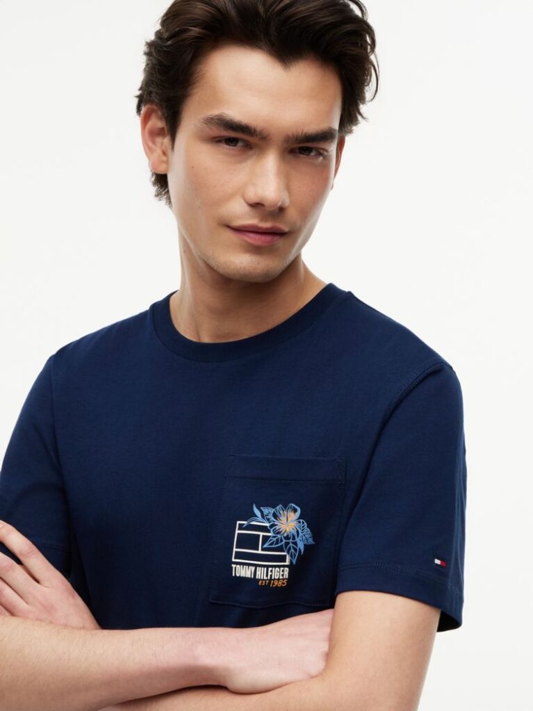 Blue T-Shirt Cu Model Floral Pe Buzunar  Barbati
