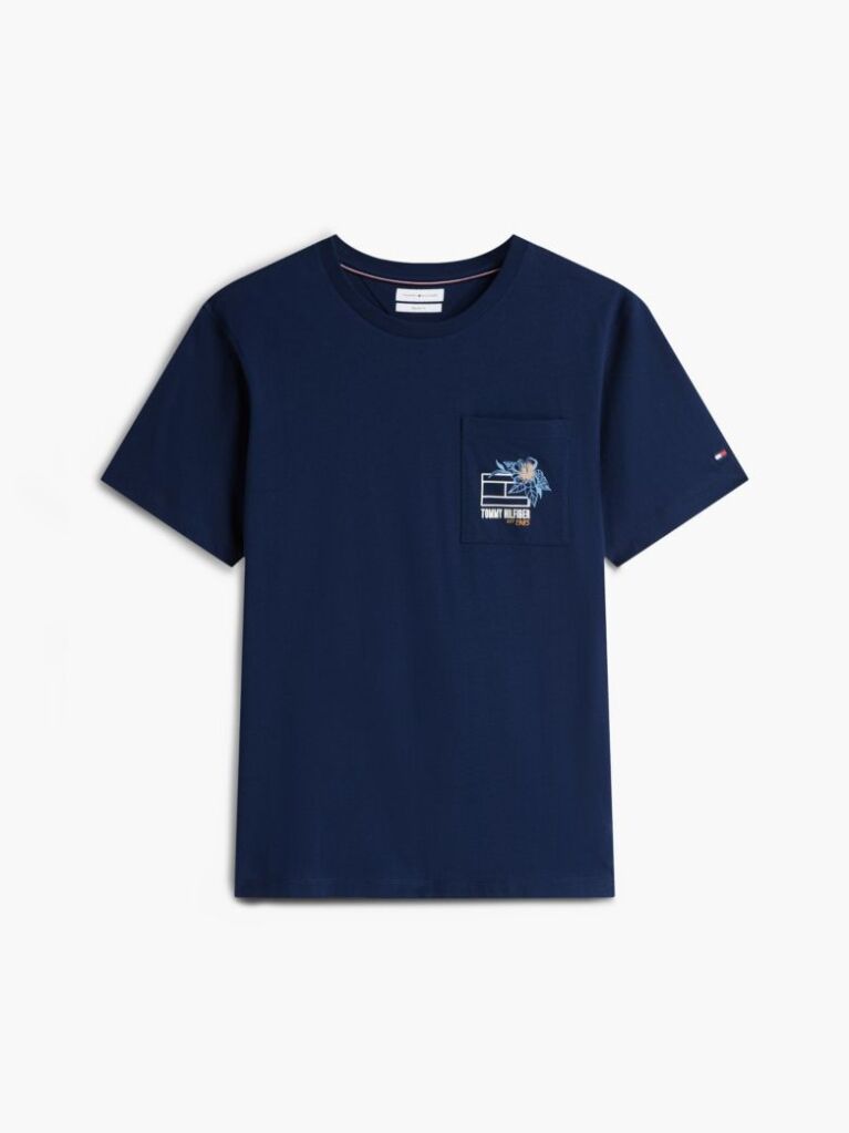 Blue T-Shirt Cu Model Floral Pe Buzunar  Barbati