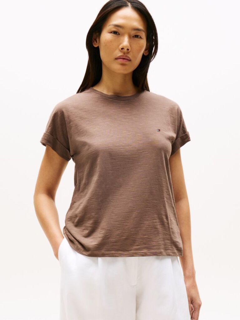 Brown Textured Crew Neck T-Shirt  Women