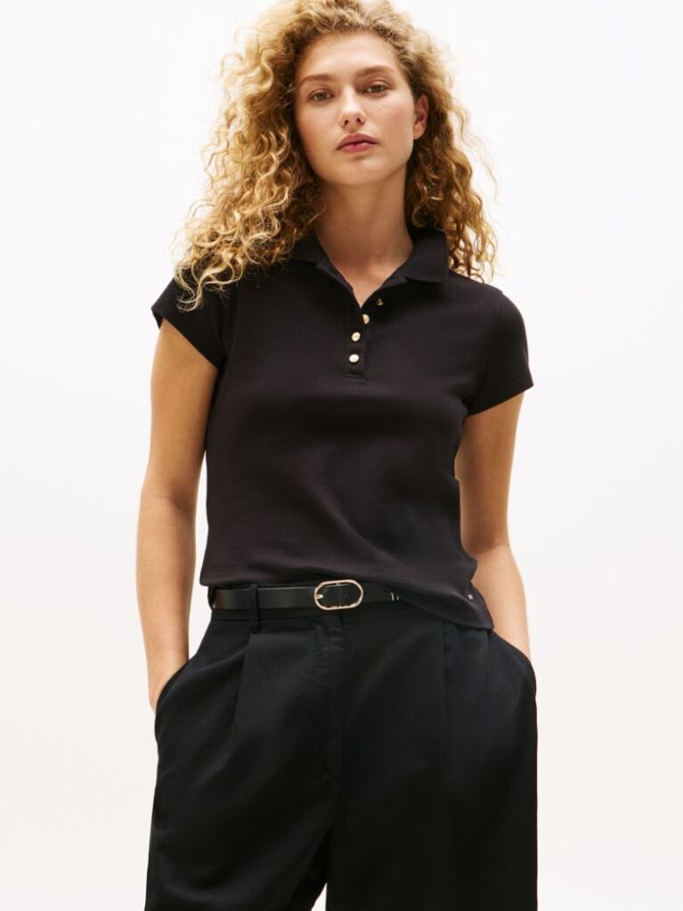 Negru Tricou Polo Slim Fit Cu Nasturi Aurii  Femei