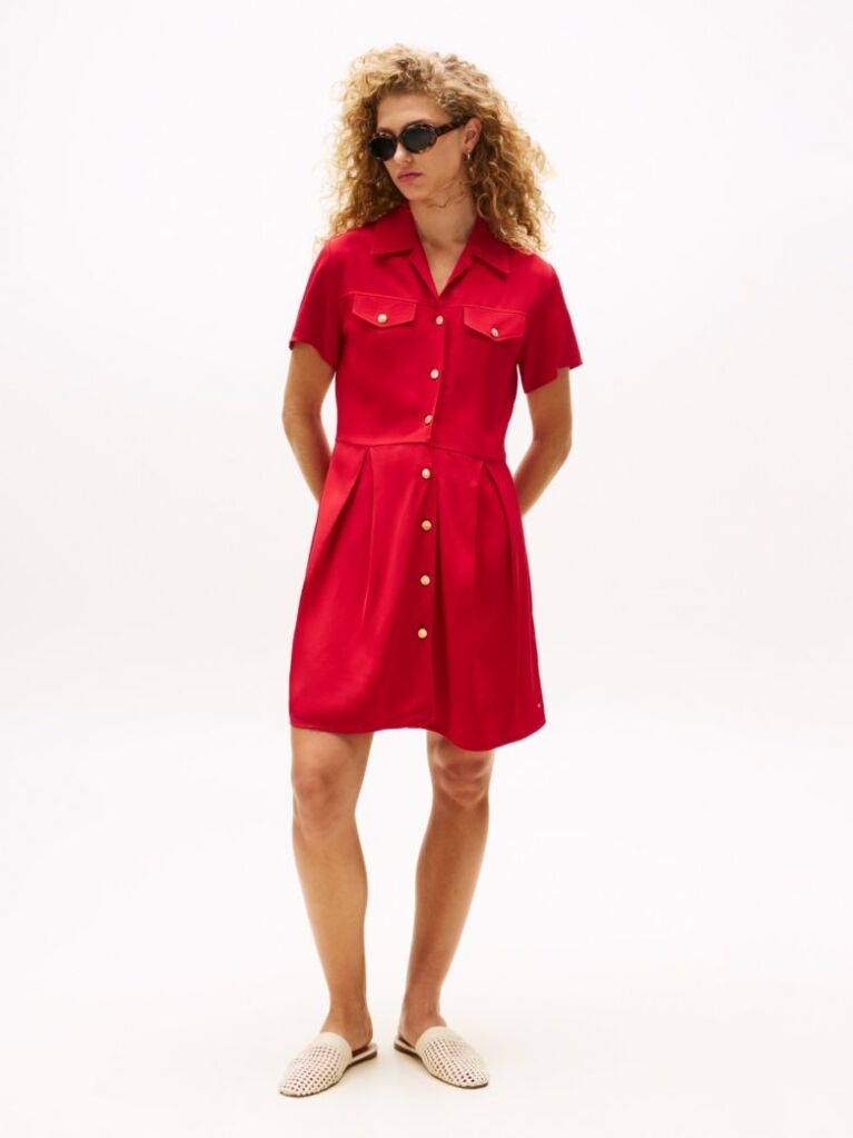 Red Gold-Tone Button Mini Shirt Dress  Women
