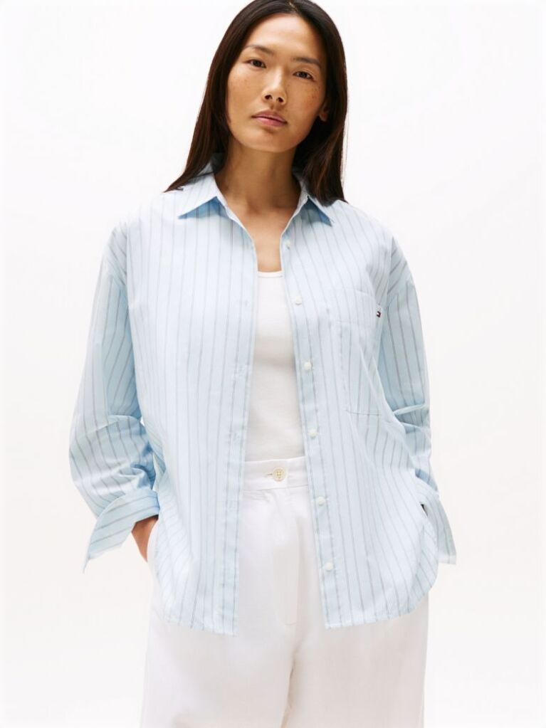 Blue Oversized Fit Adjustable Cuffs Poplin Shirt  Women