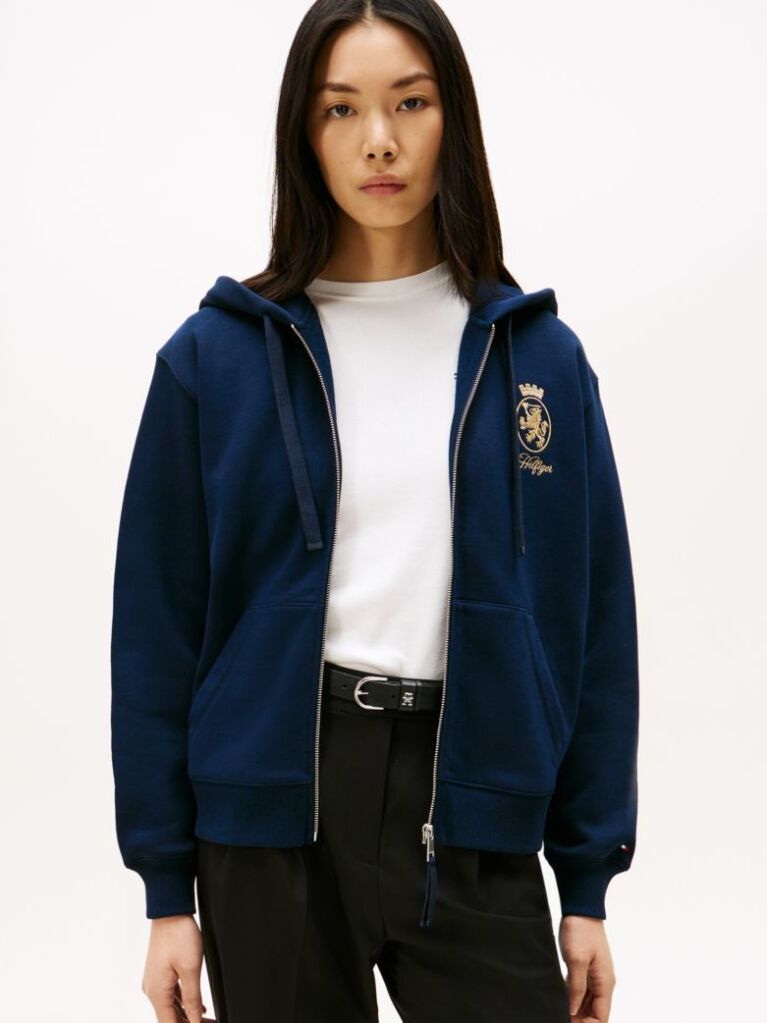 Blue Hanorac Cu Fermoar Si Broderie TH Crest  Femei
