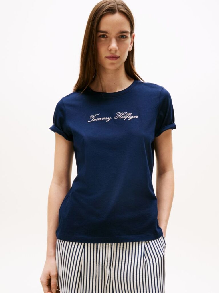 Blue Tricou Cu Guler Rotund Si Broderie Cu Logo  Femei