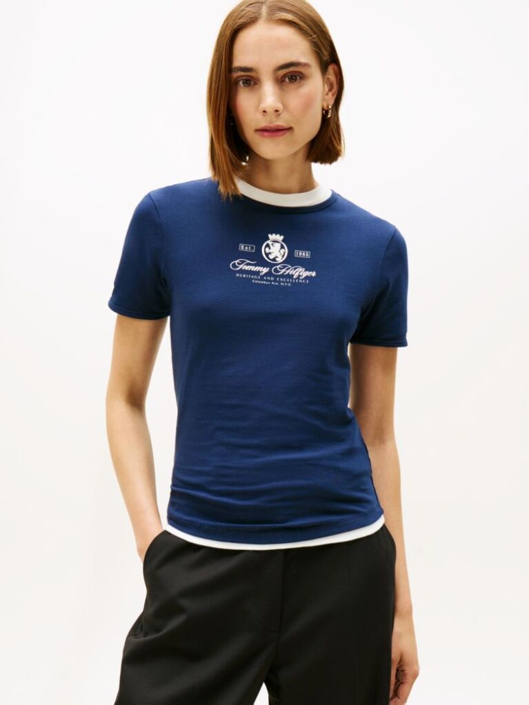 Blue Varsity Crest Slim Tricou Cu Maneca Scurta  Femei