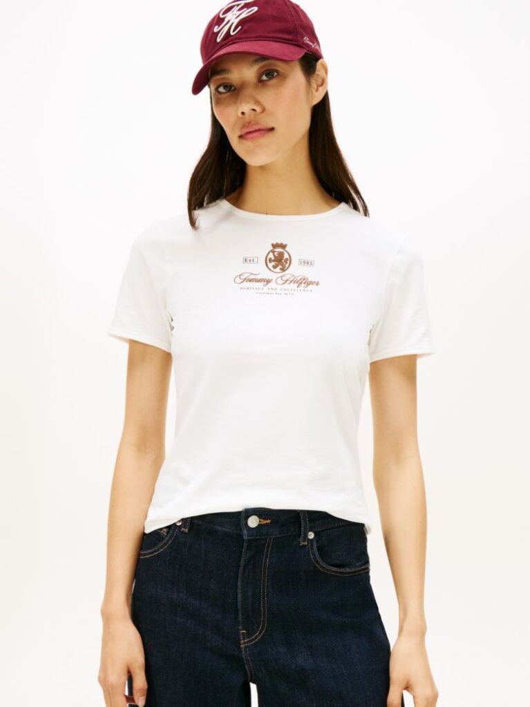 Bej Varsity Crest Slim Tricou Cu Maneca Scurta  Femei