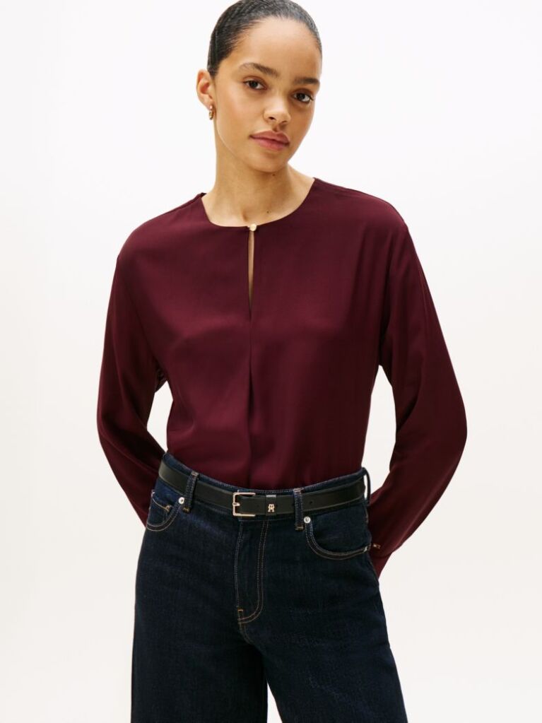 Red Keyhole Cutout Relaxed Fit Blouse  Women