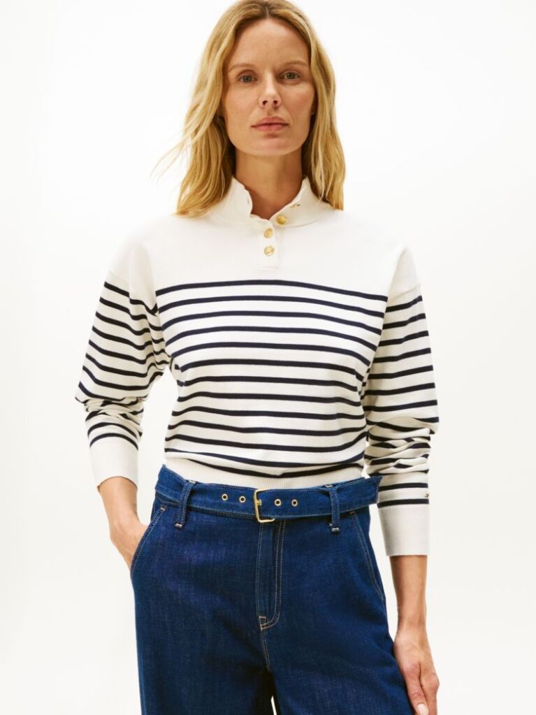 Multi Pulover Cu Guler Tip Mock Neck, Nasturi Si Dungi  Femei