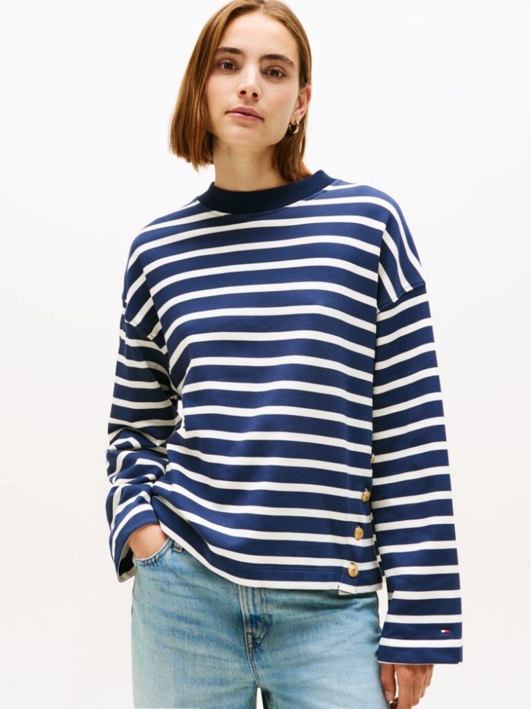 Multi Gold-Tone Button Stripe Sweatshirt  Women