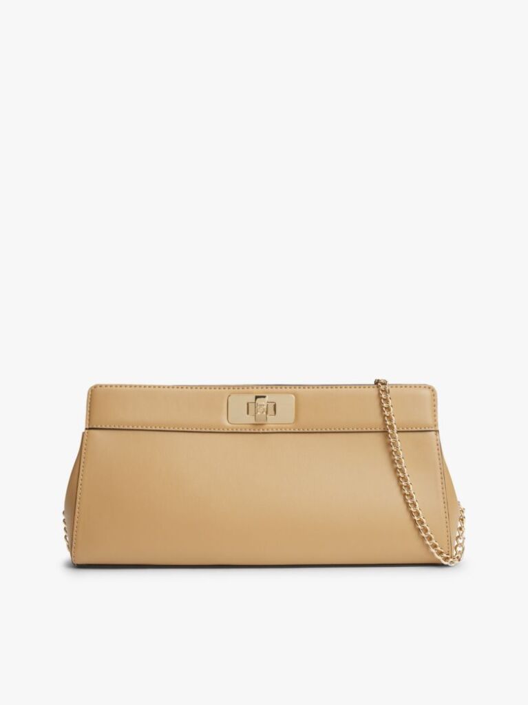Bej Clutch Modern Cu Lant Cu Inchizatoare Clasp Si Monograma TH  Femei