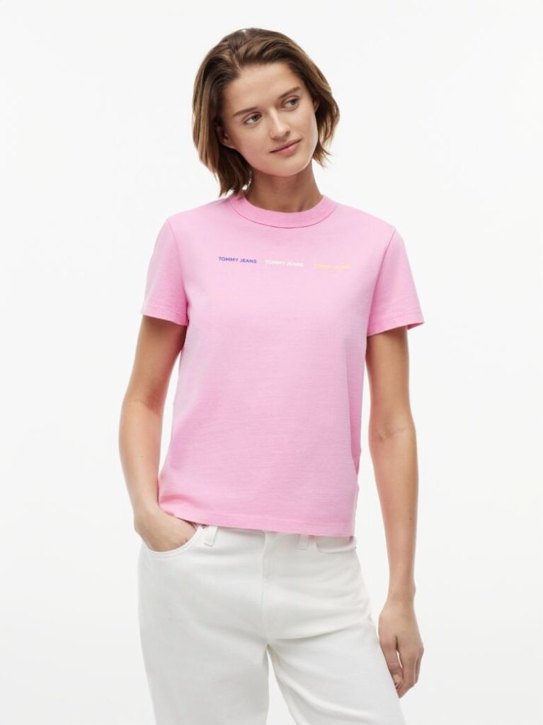 Roz T-Shirt Din Jersey Cu Logo Repetat Cu Efect Spalat  Femei