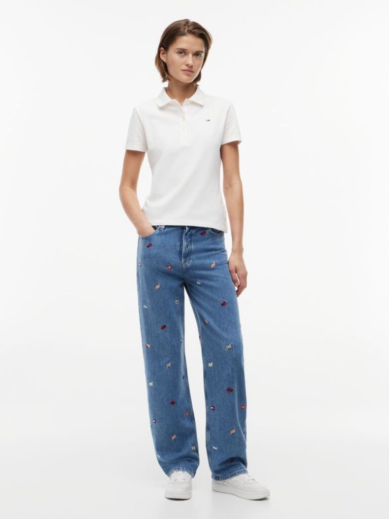 Denim Blugi Cu Croiala Dreapta Slim Talie Inalta Si Broderie Pe Toata Suprafata  Femei