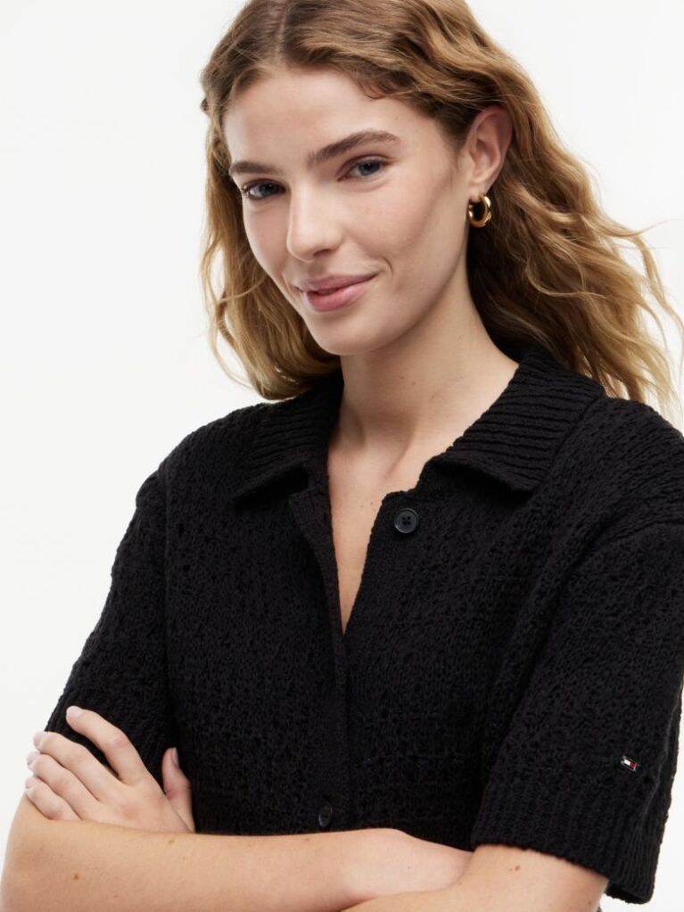 Black Weave Polo Relaxed Short Sleeve Cardigan  Women