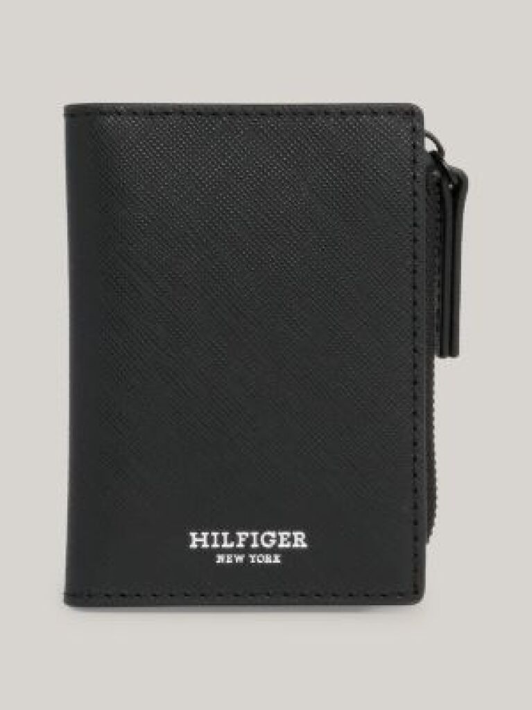 Black Leather Bifold Zip Wallet  Men