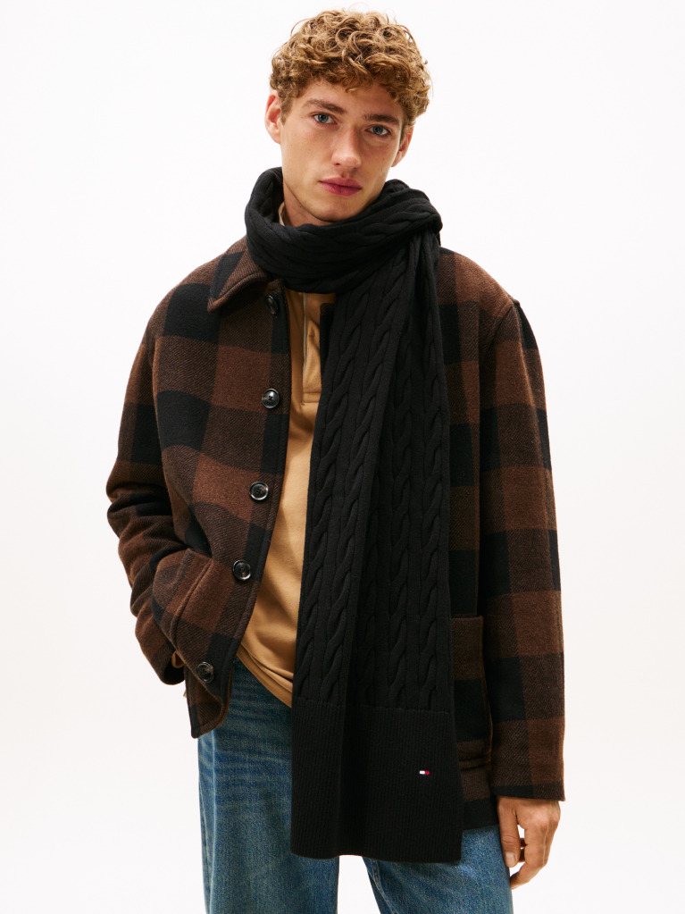 Black Hilfiger Flag Cable Knit Wool Blend Scarf  Men