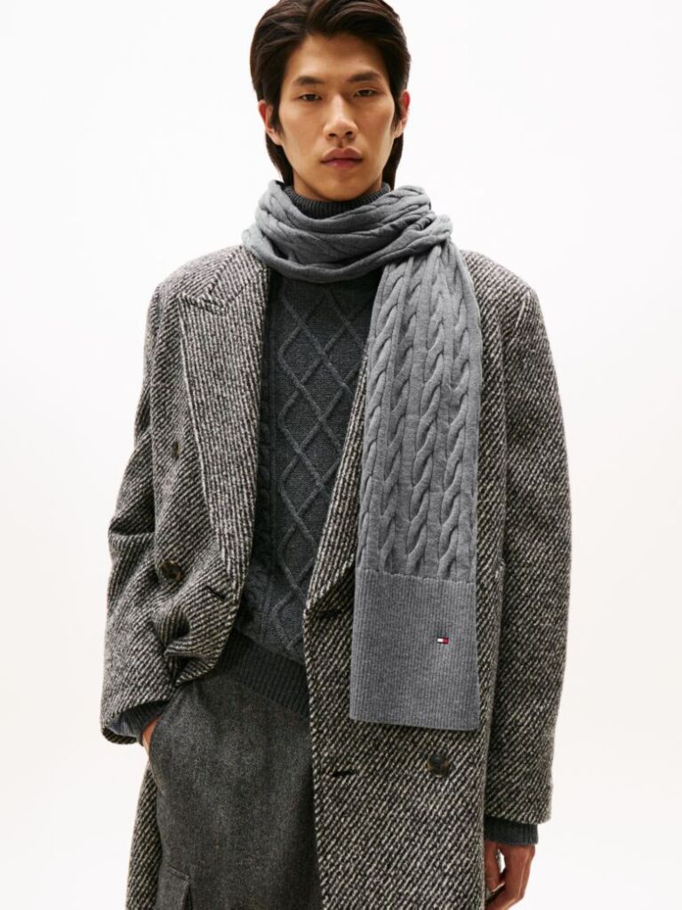 Grey Hilfiger Flag Cable Knit Wool Blend Scarf  Men