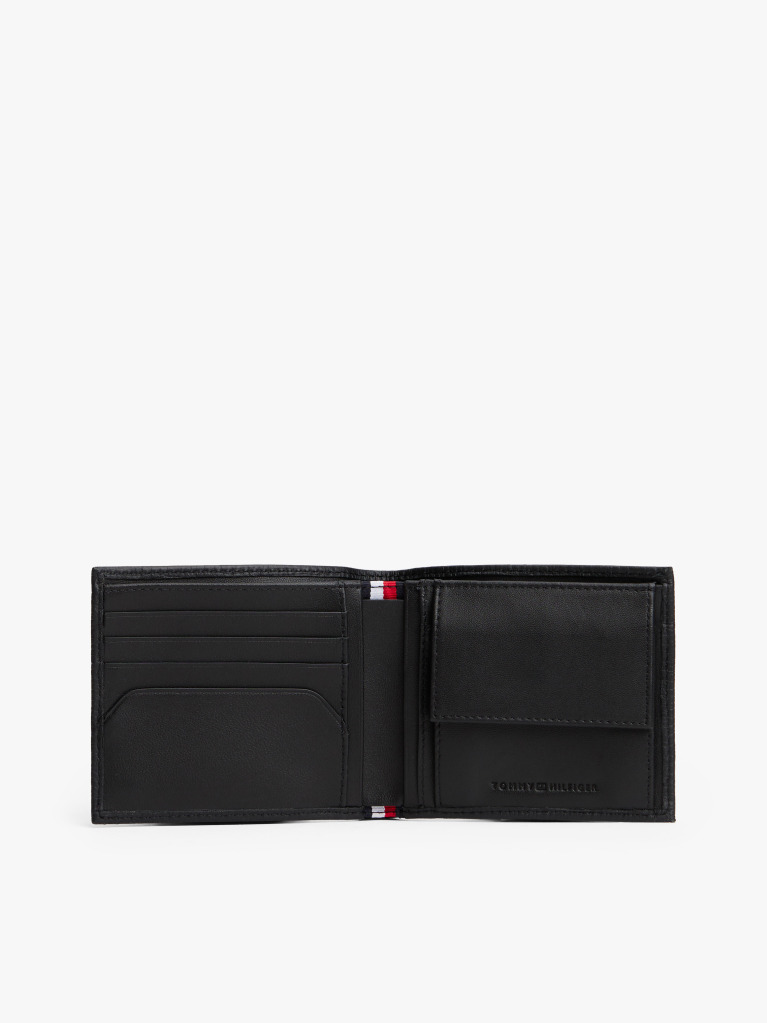 Black Hilfiger Flag Leather Card And Coin Bifold Wallet  Men