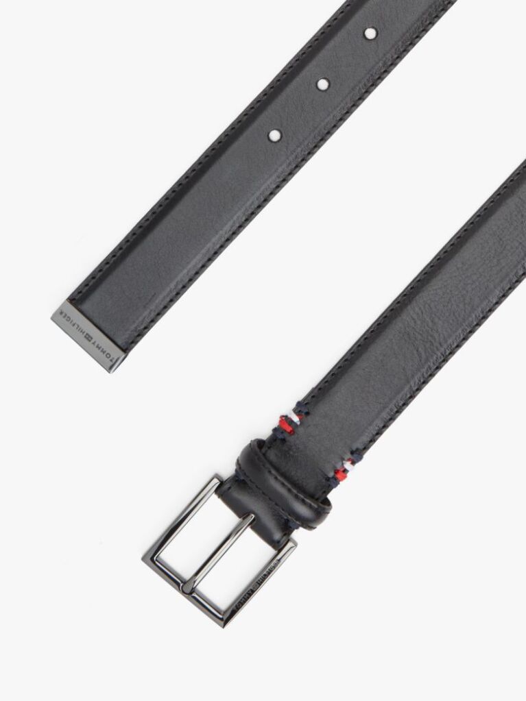 Black Metal Tip Pebble Grain Leather Belt  Men