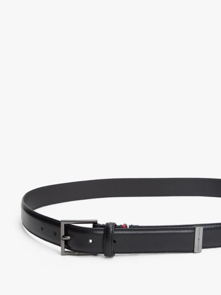 Black Metal Tip Pebble Grain Leather Belt  Men