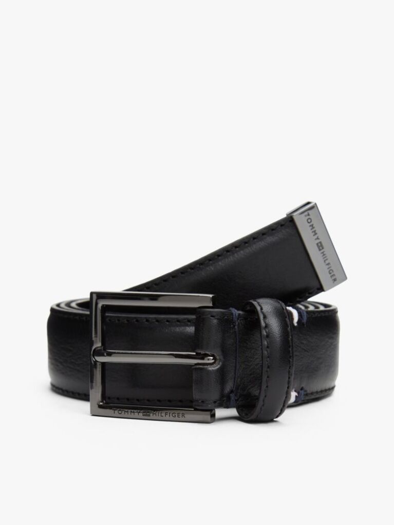 Black Metal Tip Pebble Grain Leather Belt  Men
