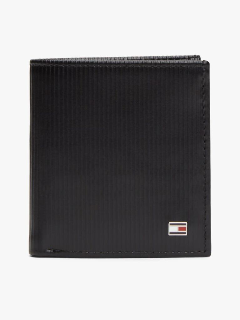 Negru Hilfiger Flag Portofel Din Piele Ribbed Si Trei Compartimente   Barbati