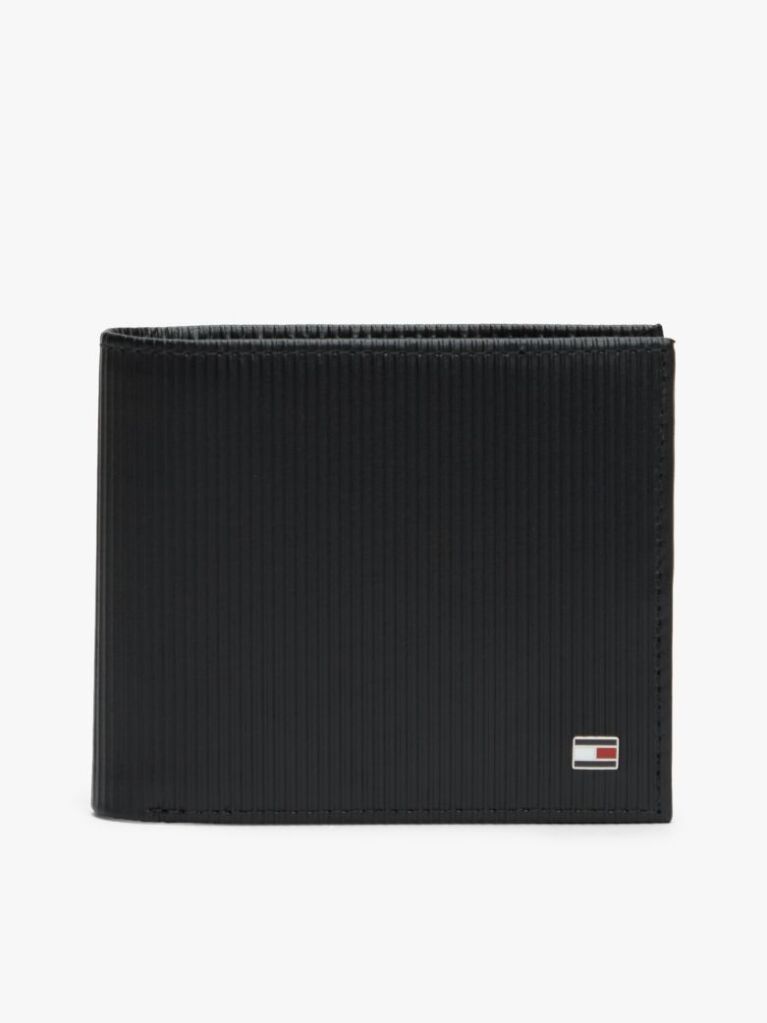 Black Hilfiger Flag Ribbed Leather Bifold Wallet  Men