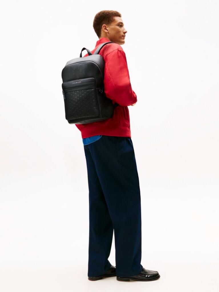 Black Modern Repeat Flag Mixed Texture Backpack  Men