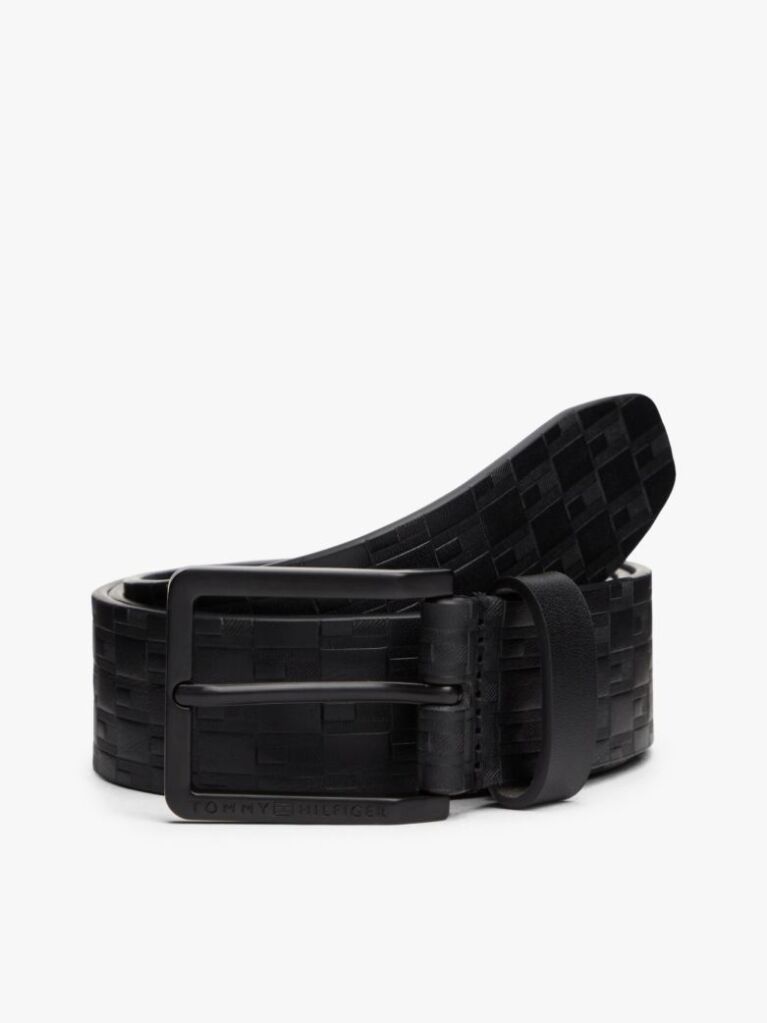 Black TH Flag Debossed Leather Belt  Men