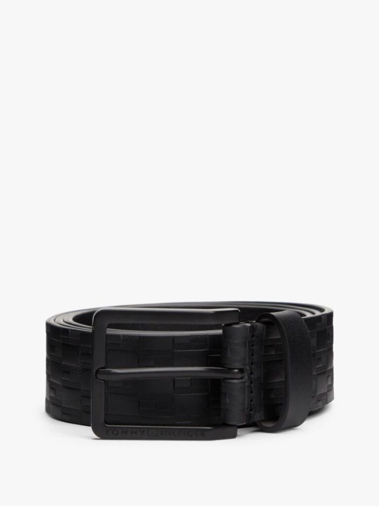 Black TH Flag Debossed Leather Belt  Men