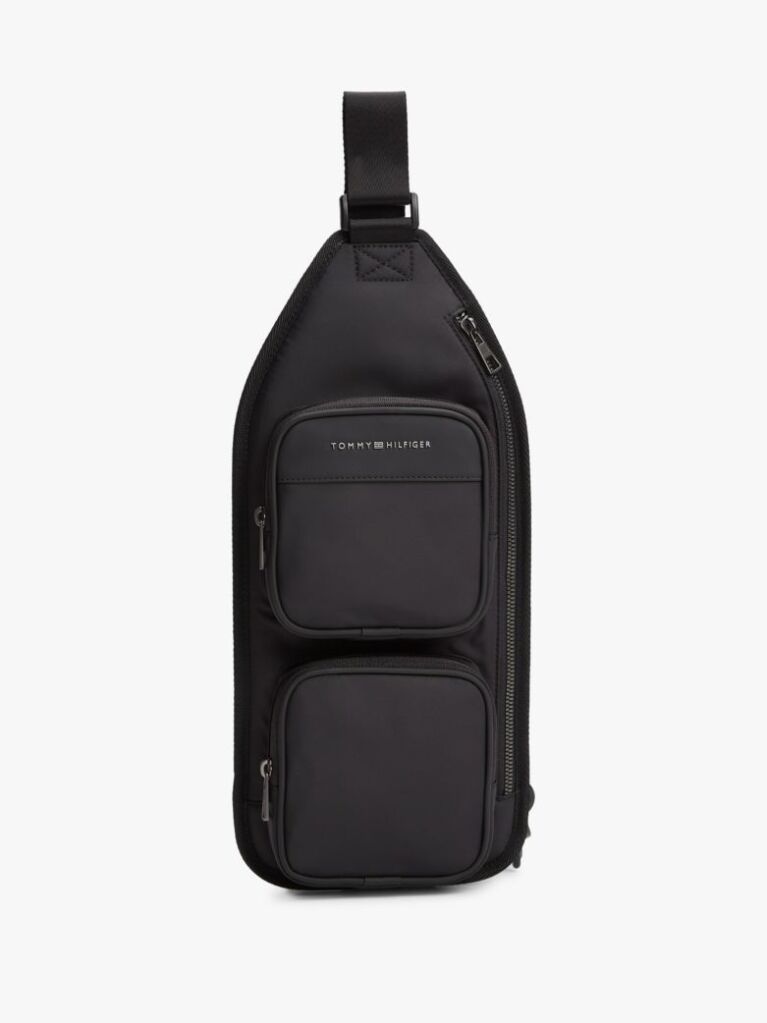 Black Metal Logo Crossbody Sling Bag  Men