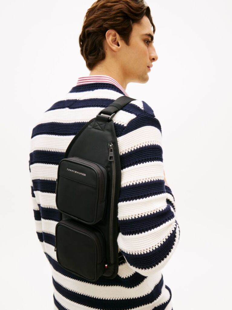 Black Metal Logo Crossbody Sling Bag  Men