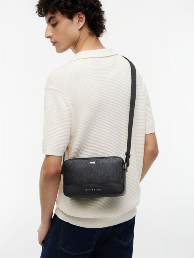 Black Signature Tape Plaque Crossbody Reporter Bag  Men