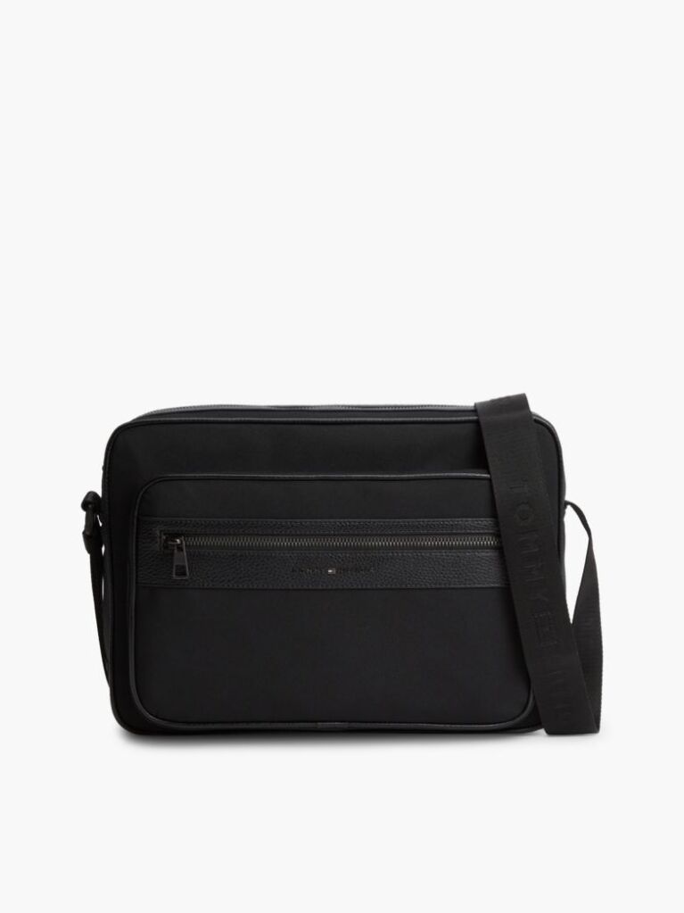 Negru Geanta Crossbody Messenger Cu Logo Si Textura Mixta  Barbati