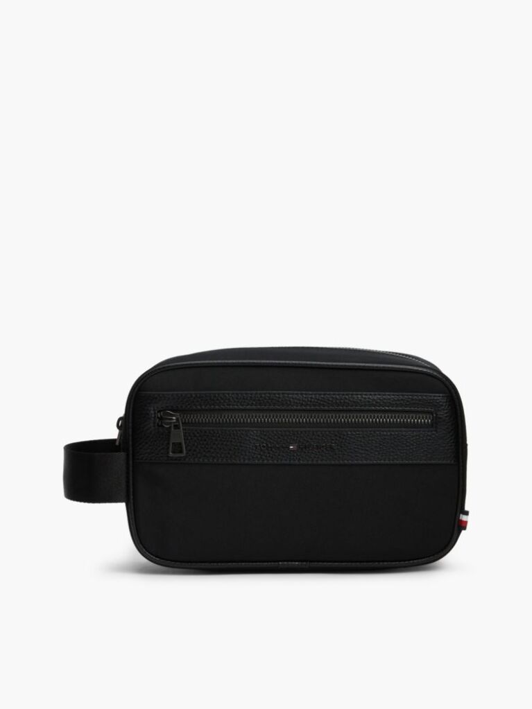 Black Logo Mixed Texture Washbag  Men