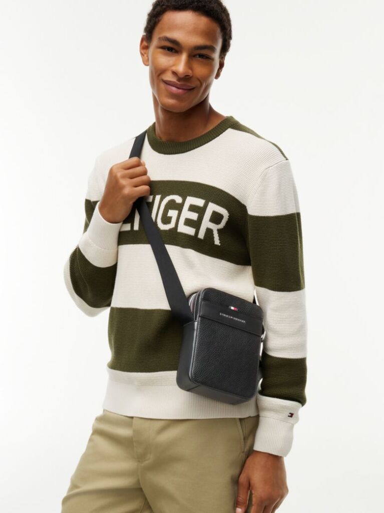 Negru Geanta Crossbody Reporter Cu Logo Metalic Si Textura  Barbati