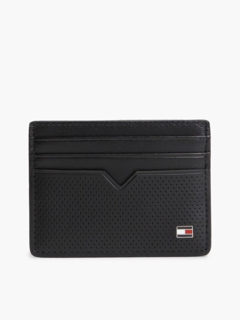 Black Perforated Leather Enamel Flag Card Holder  Men