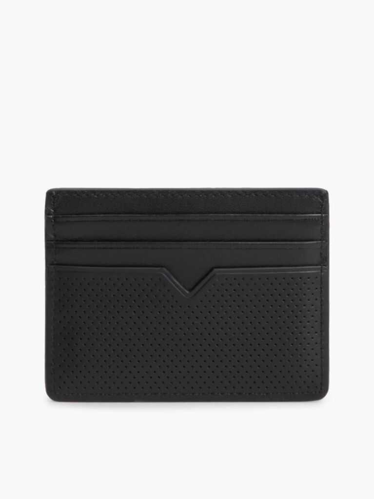 Black Perforated Leather Enamel Flag Card Holder  Men