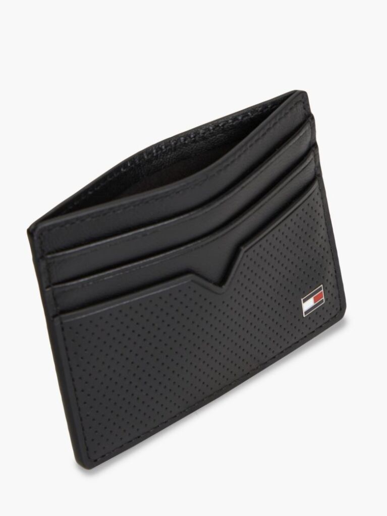 Black Perforated Leather Enamel Flag Card Holder  Men