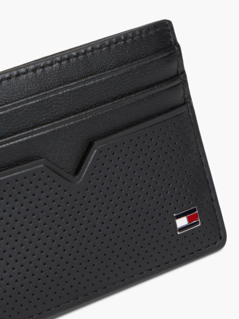 Black Perforated Leather Enamel Flag Card Holder  Men