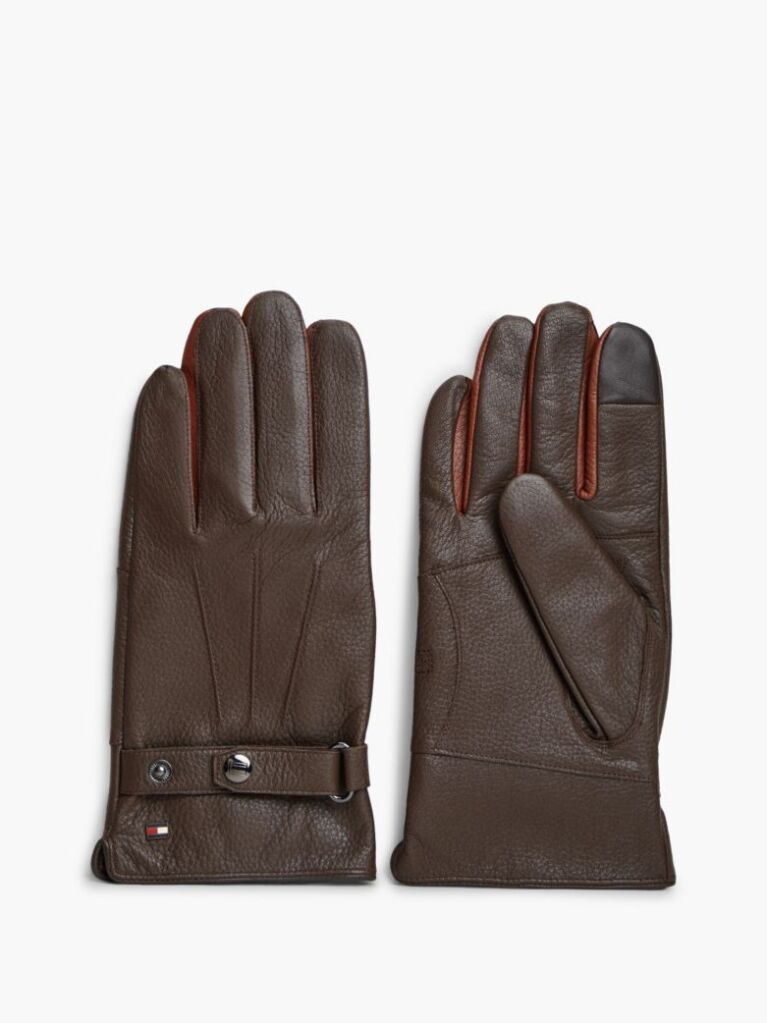 Brown New York Label Leather Cuff Strap Gloves  Men