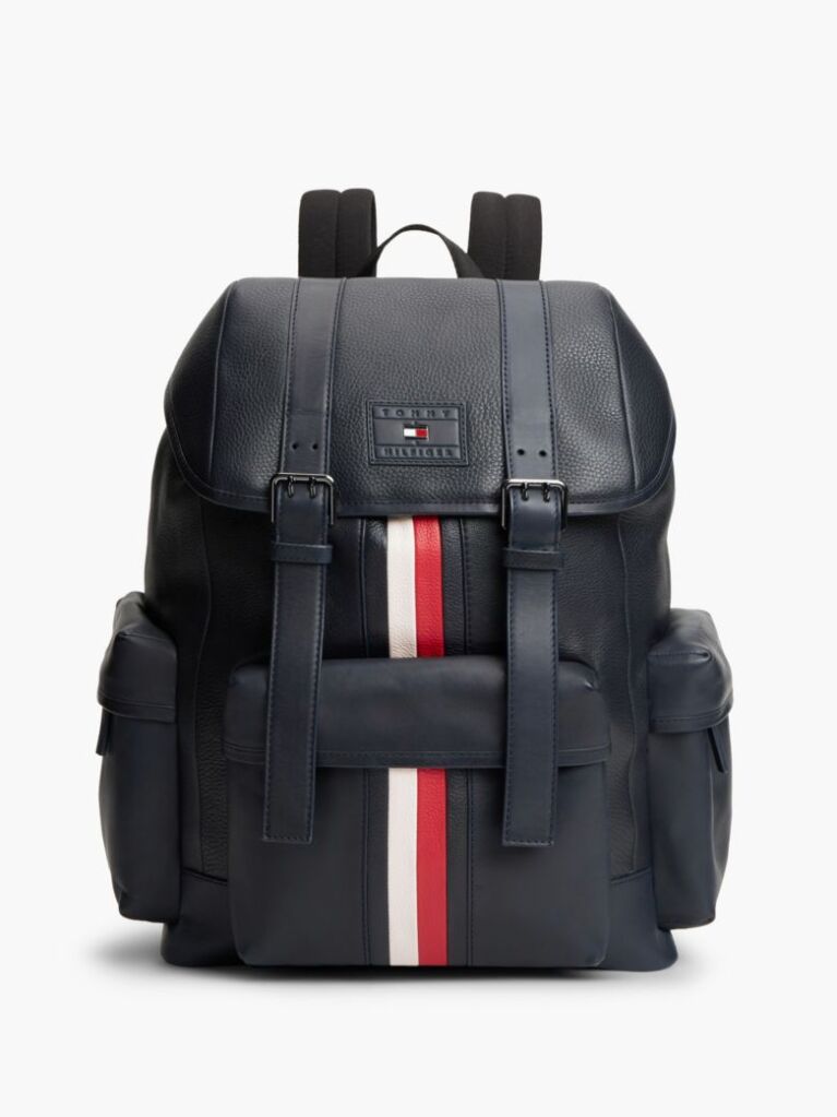 Blue Leather Global Stripe Buckle Flap Backpack  Men