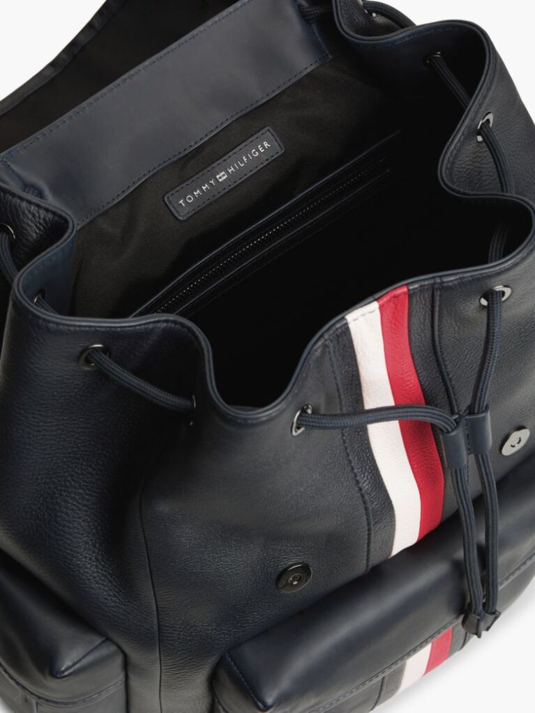 Blue Leather Global Stripe Buckle Flap Backpack  Men