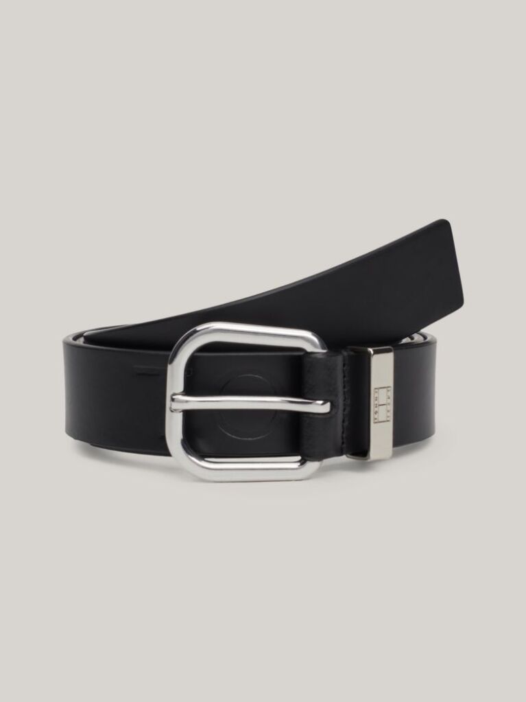 Black City Debossed Logo Leather Belt  Women