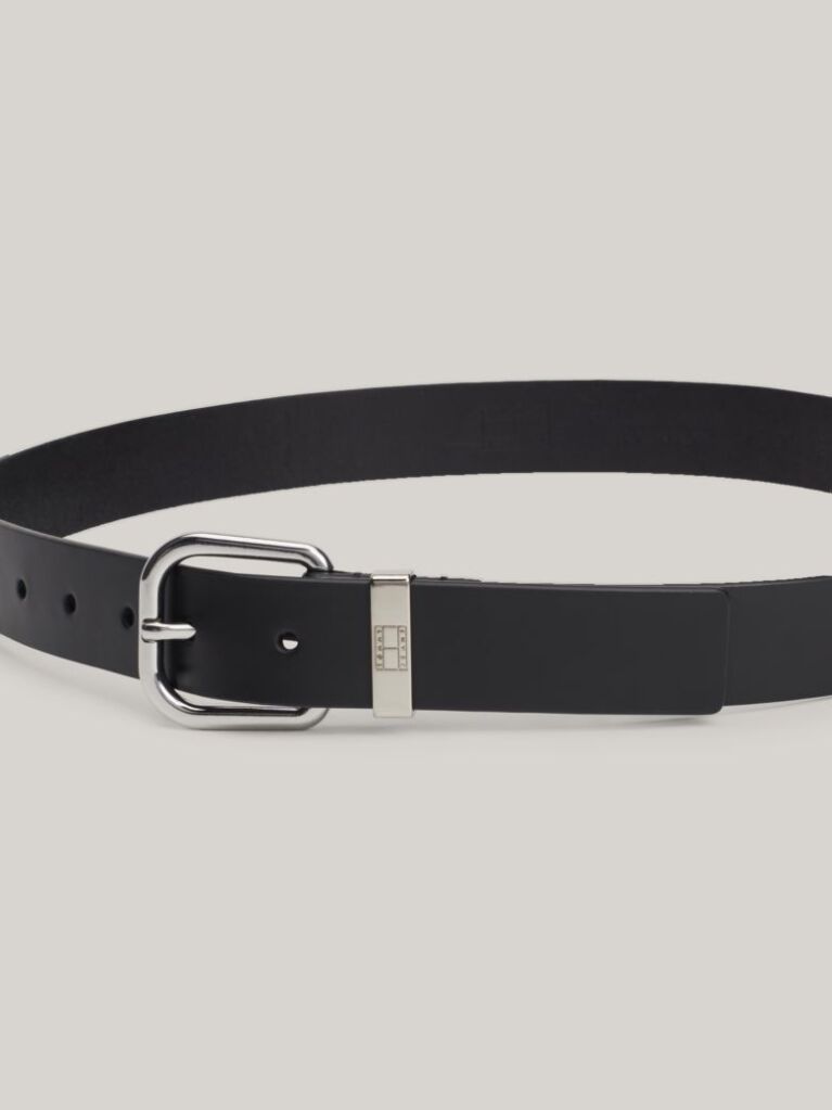 Black City Debossed Logo Leather Belt  Women