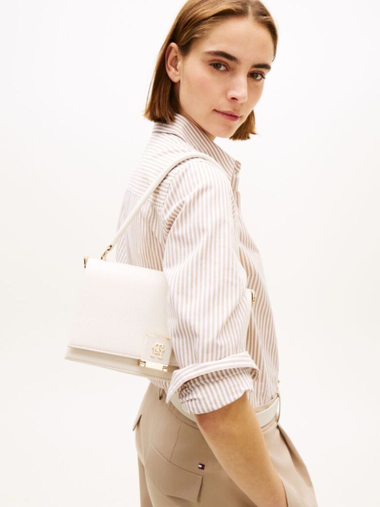 Bej Geanta Crossbody Cu Clapeta Si Monograma Th  Femei