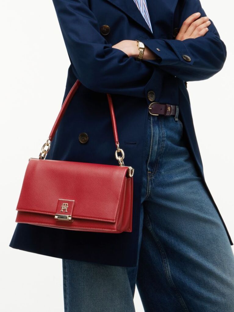 Red TH Monogram Flap Closure Crossbody Bag  Women